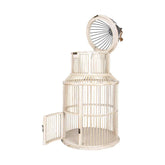 Fából és fémből készült, kör formájú, krém színű,, vintage stílusú madárkalitka.